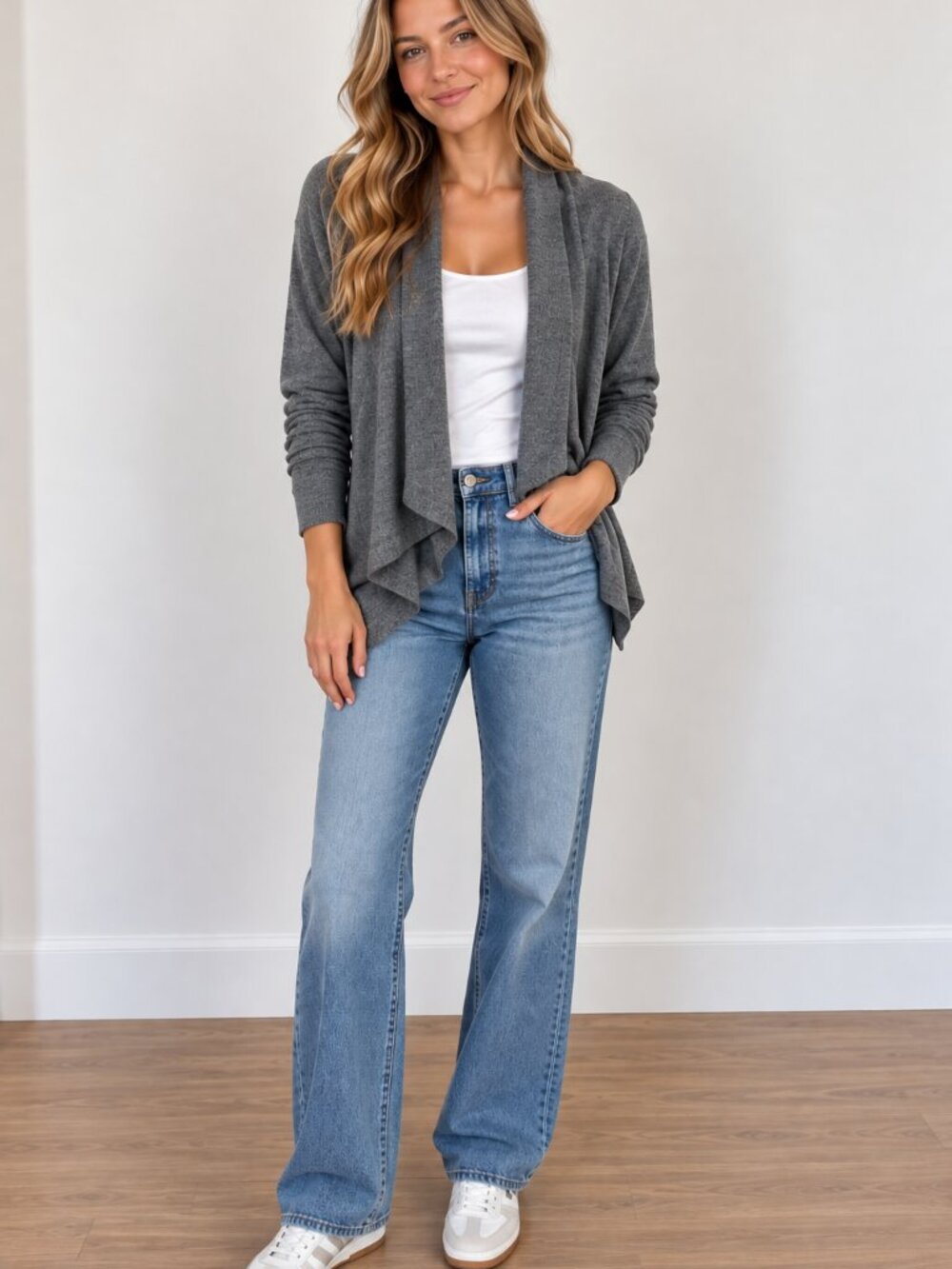 Community Grey Open-Front Draped Cardigan